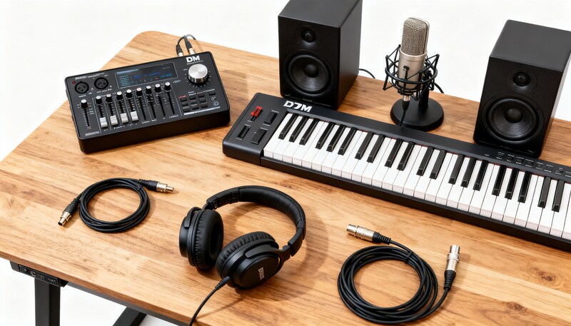 DTM環境のセットアップイメージ：DAWが表示されたモニターとスピーカーのある作業デスク