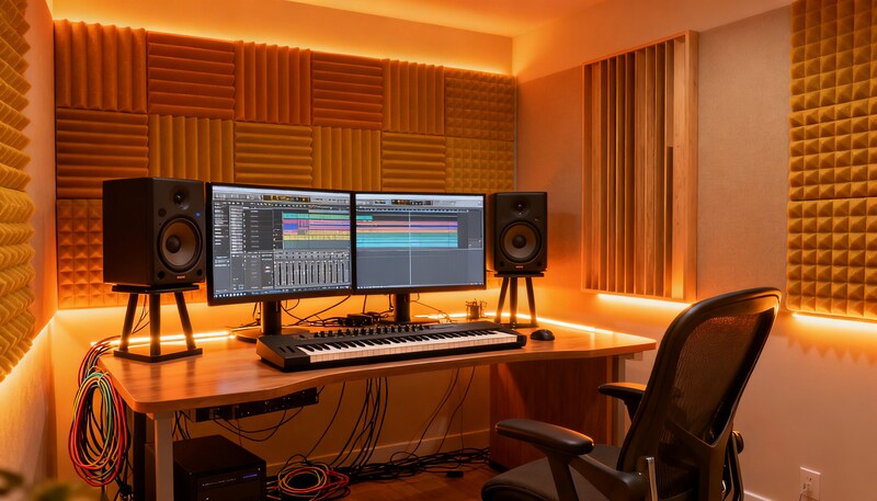 間接照明とLEDテープライトで演出されたDTMスタジオの雰囲気