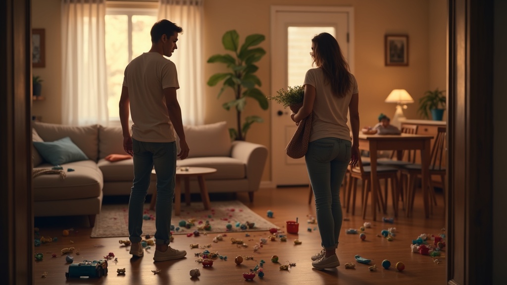 共働き家庭の帰宅後、子どものおもちゃや食べかすが散らかったリビングの様子