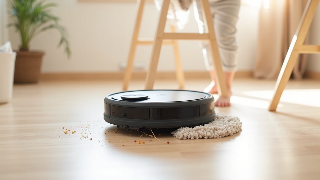 離乳食の食べかすをロボット掃除機が水拭き機能で清掃しているダイニング床