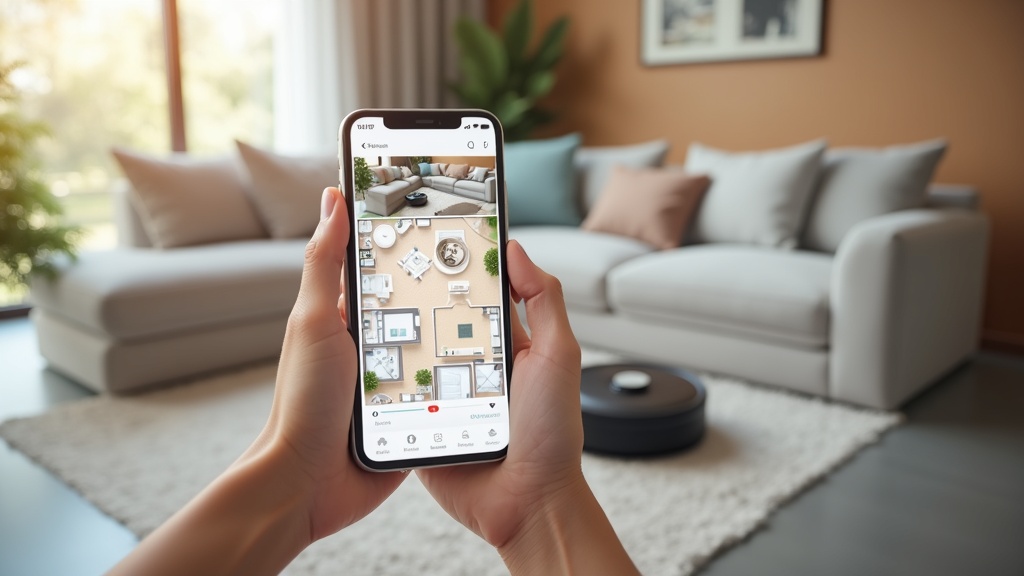 スマートフォンアプリでロボット掃除機のマッピングと清掃エリアを設定している様子