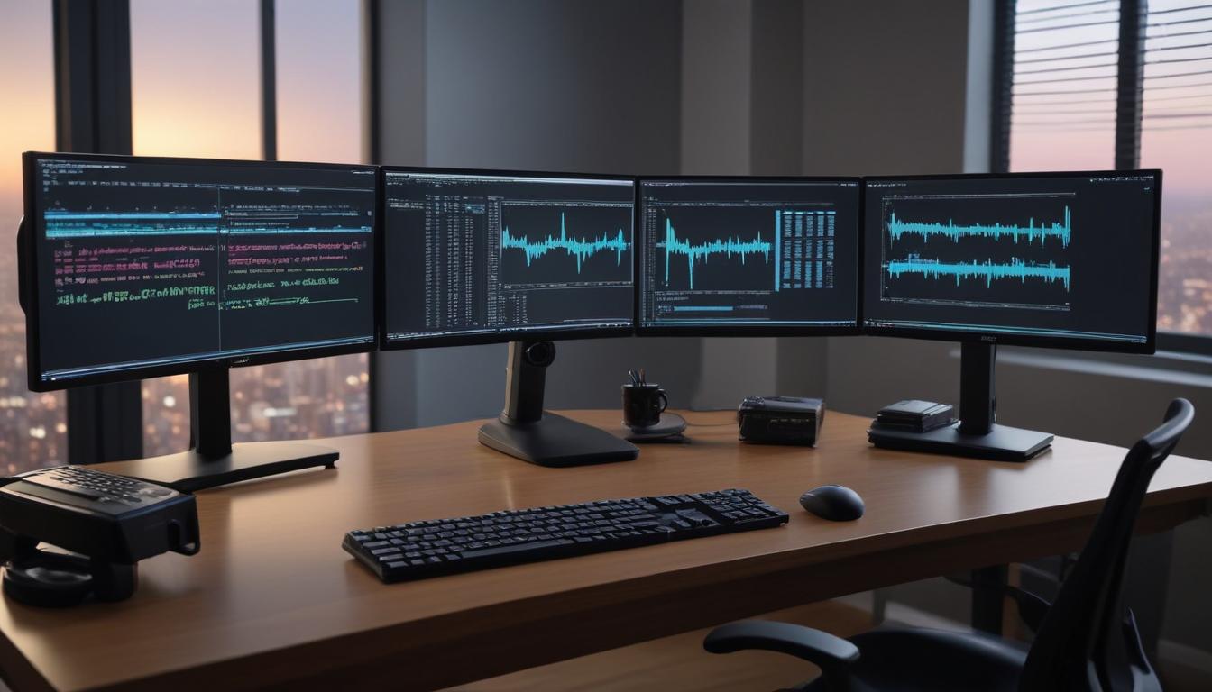 モニターアームに取り付けられた4Kモニター - デスク上がスッキリしており、モニター下のスペースにキーボードやノートが置かれている