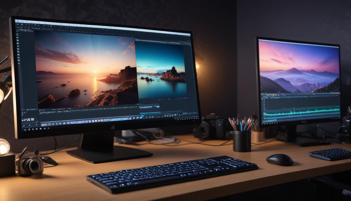 クリエイターのデスク環境 - 広色域4Kモニターに写真編集ソフトが表示されており、横にはペンタブレットが置かれている