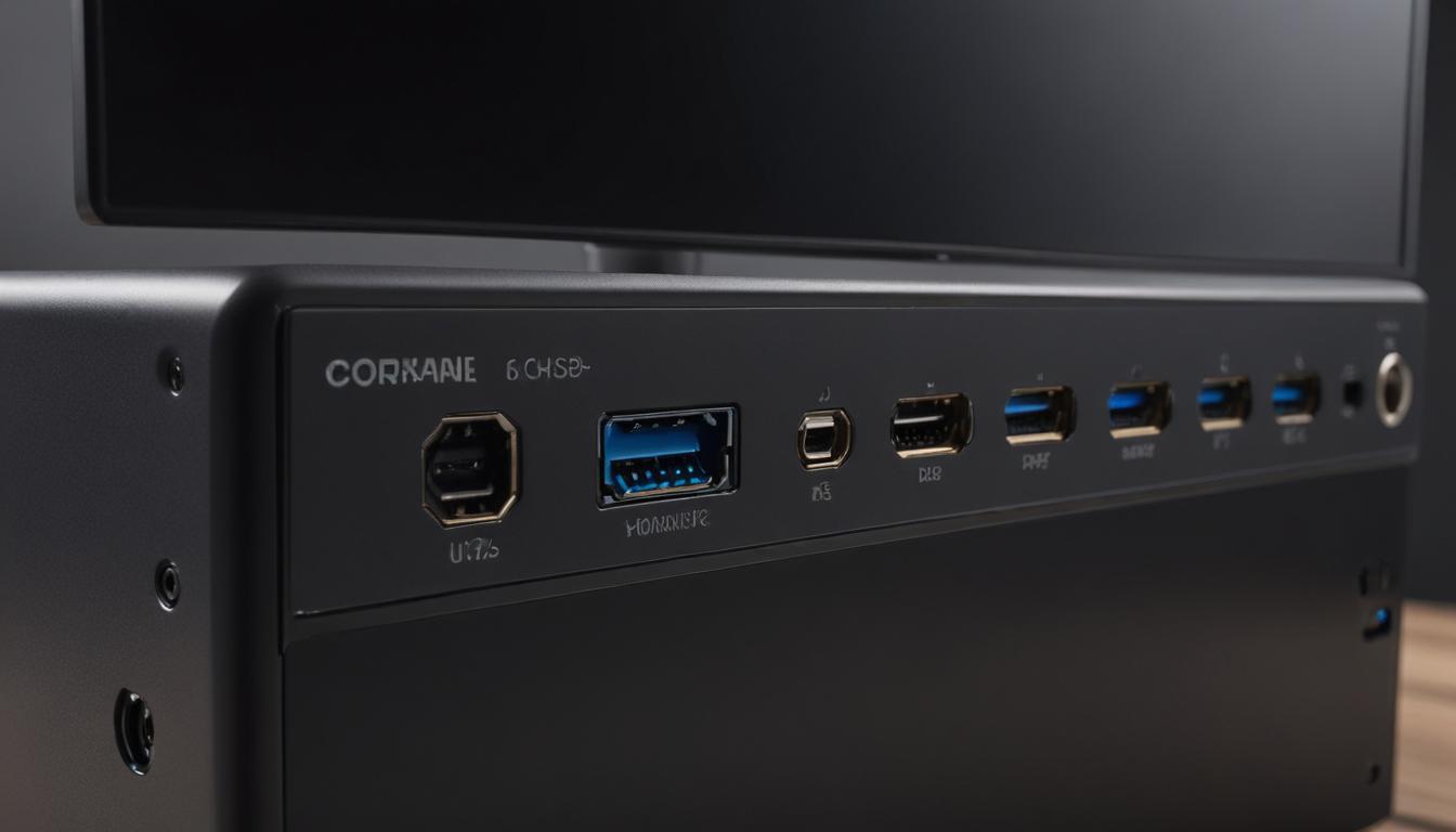 モニター背面の接続端子部分のクローズアップ - USB-C、HDMI、DisplayPort、USB-Aハブ端子が並んでいる