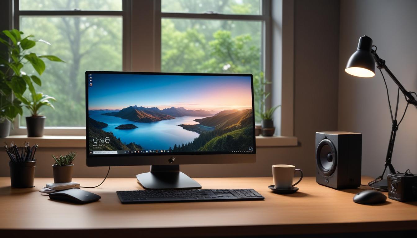 テレワーク環境のデスク全景 - 4Kモニターにノートパソコンがケーブル1本で接続されており、デスク周りがスッキリしている