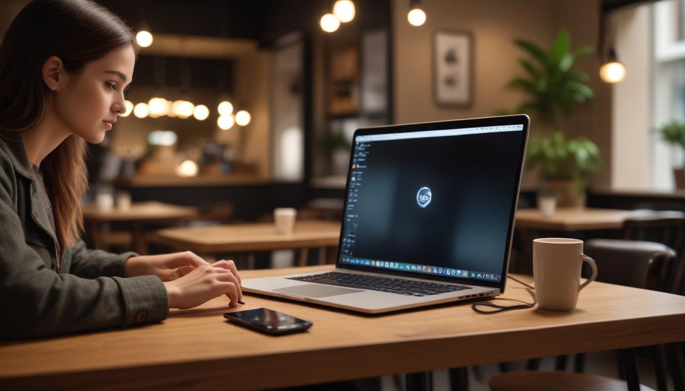 カフェのテーブルでノートPCにUSB-Cハブを接続して作業している様子 - コンパクトなハブがPCの横に置かれている