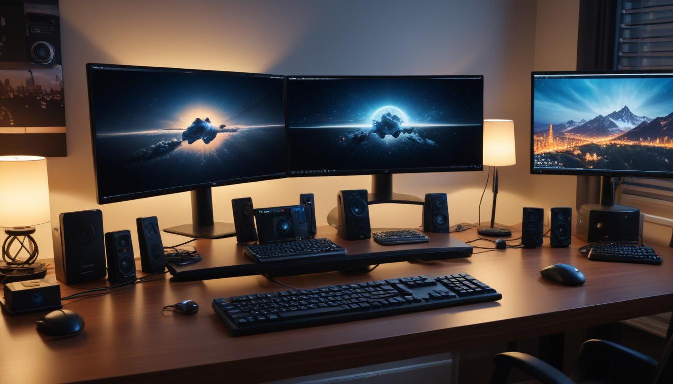 テレワーク環境のデスクにドッキングステーションが設置されている全景 - デュアルモニター、キーボード、マウスがケーブル1本で接続されている