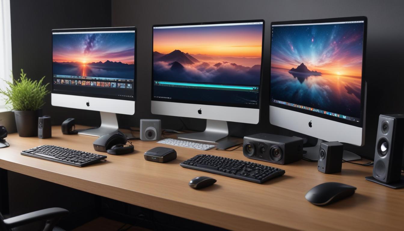 デスクの上に並ぶ複数のUSB-Cハブとドッキングステーション - ノートPCに接続され、外部モニターやキーボードが整然と配置されたテレワーク環境