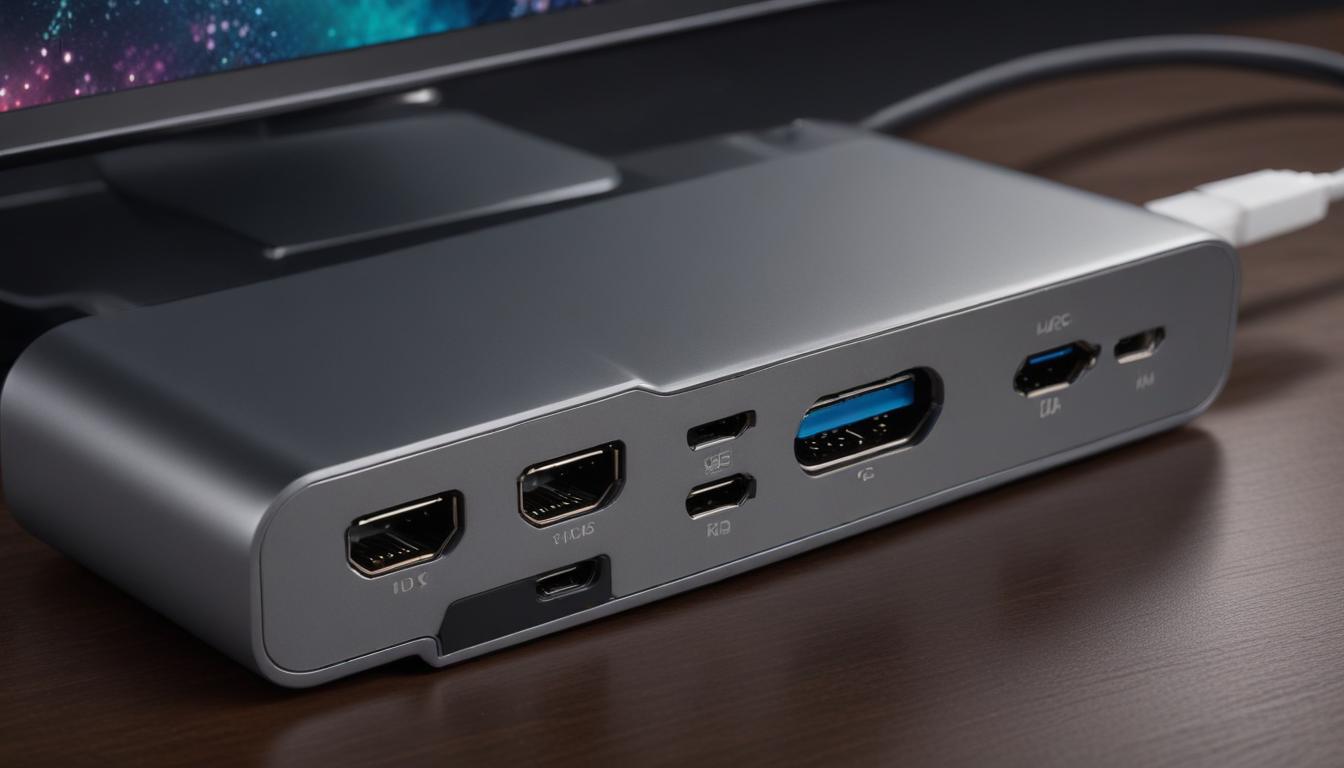 USB-Cハブの背面ポート部分のクローズアップ - HDMI、USB-A、USB-C、SDカードスロットが並んでいる