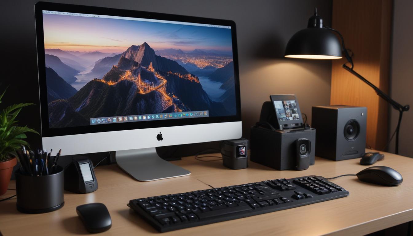 整理されたテレワークデスクの全景 - ドッキングステーションを中心に、モニター、ノートPC、周辺機器が美しく配置されている