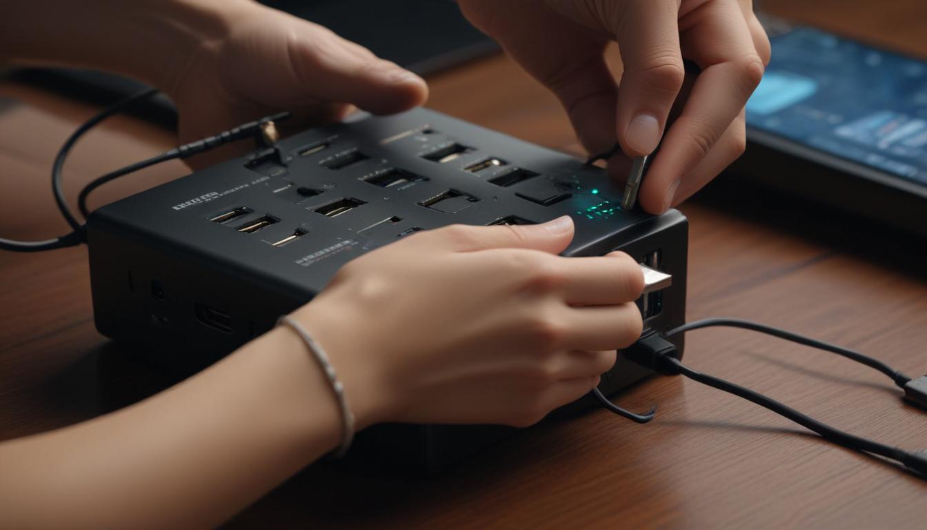 USB-Cハブのケーブルを抜き差ししている手元のクローズアップ - トラブルシューティングのイメージ