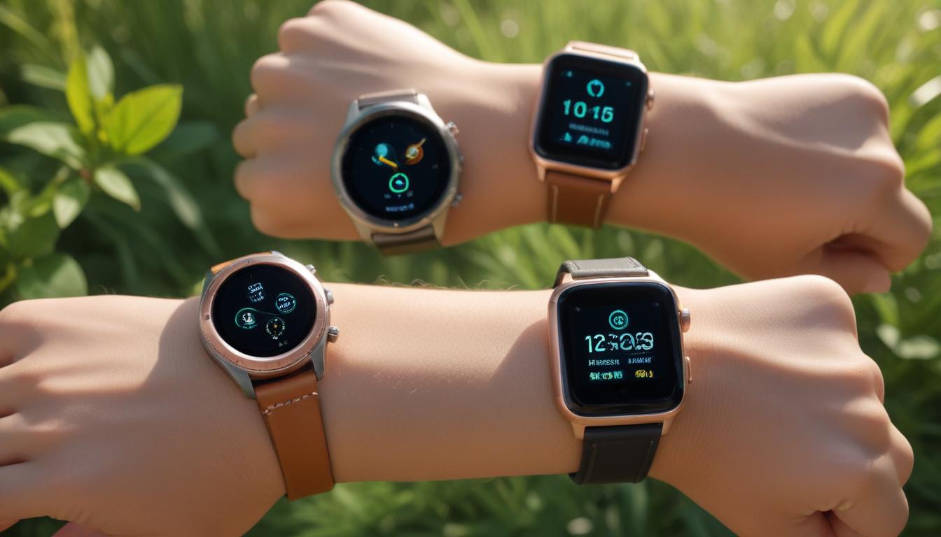 3台のスマートウォッチを腕に巻いて屋外で撮影した写真 - 自然光の下で各機種のディスプレイが光っている