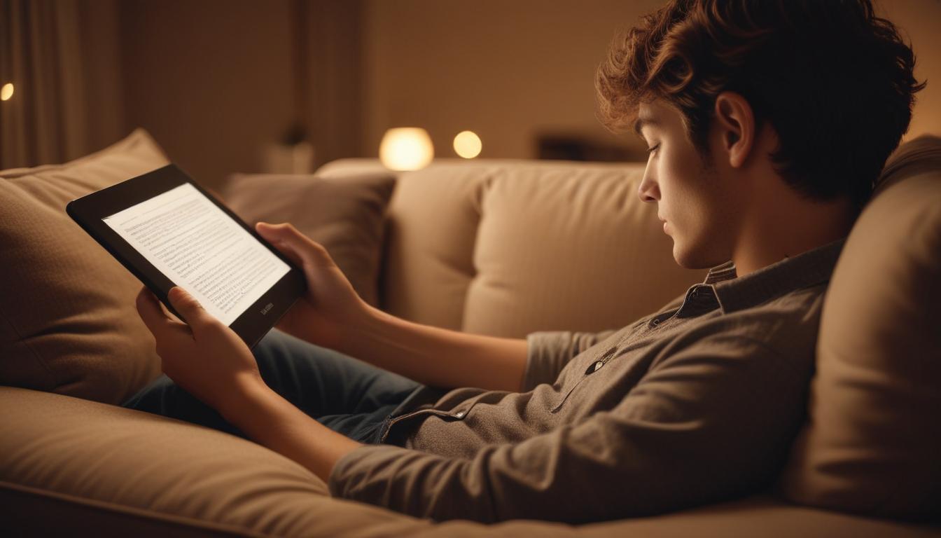 ソファで電子書籍リーダーを使って読書している人の写真