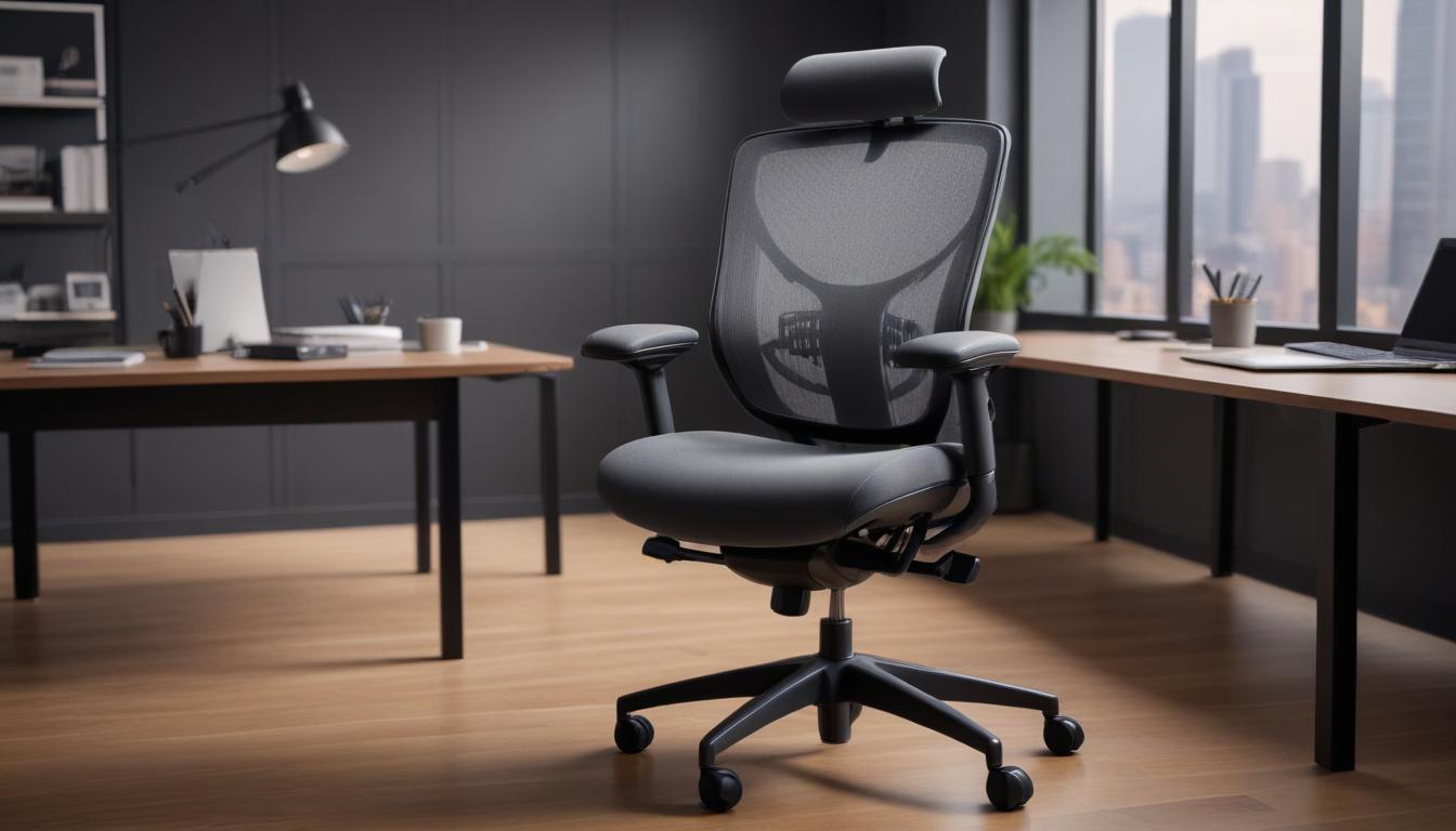 Herman Miller Aeron Remasteredをデスクに置いた写真。グラファイトカラーのメッシュが美しい