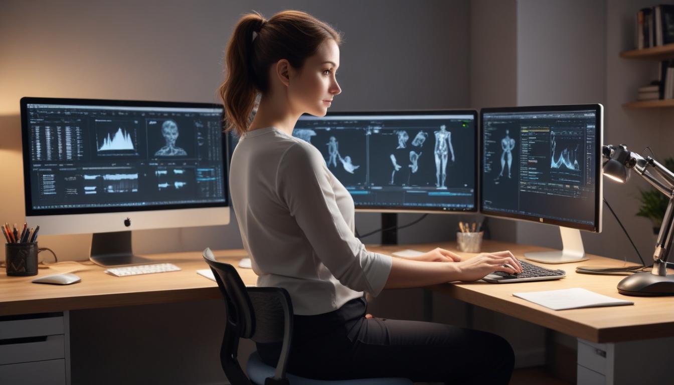 正しいデスクチェアの座り方を図解したイラスト。骨盤の角度、モニターとの距離、肘の角度などを示している