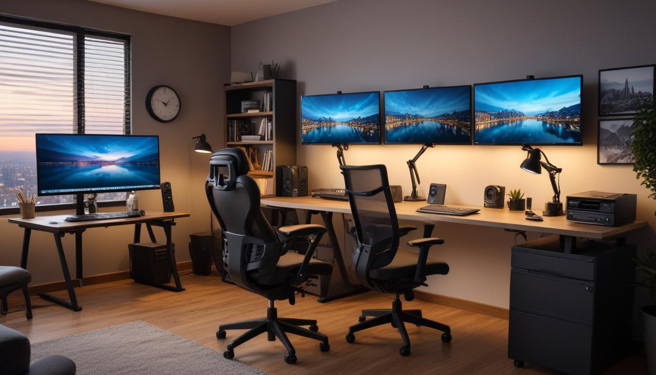 筆者のデスク環境全体写真。エルゴノミクスチェア、昇降デスク、モニターアームが揃った理想的なワークスペース