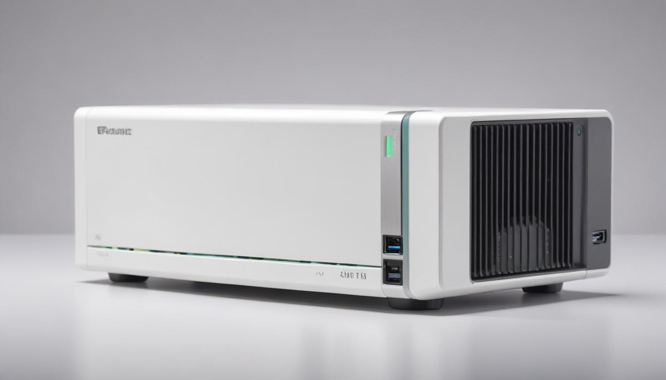 Synology DS224+の正面外観写真。コンパクトな白い筐体に2つのドライブベイが見える