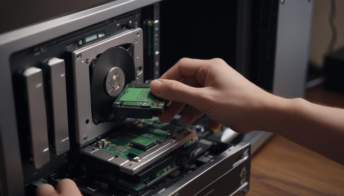 NASの本体を開けてHDDを挿入しようとしている手元の写真