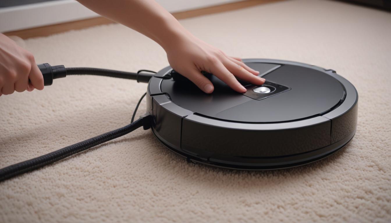 ロボット掃除機のブラシに絡まったケーブルを取り除いている写真