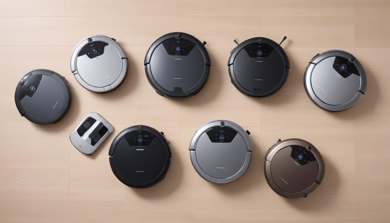 6台のロボット掃除機を並べて比較している俯瞰写真