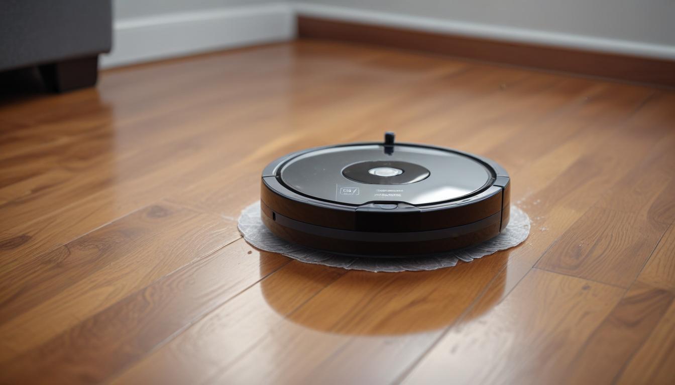 Roborock Q Revoがフローリングの上で水拭き掃除をしている写真