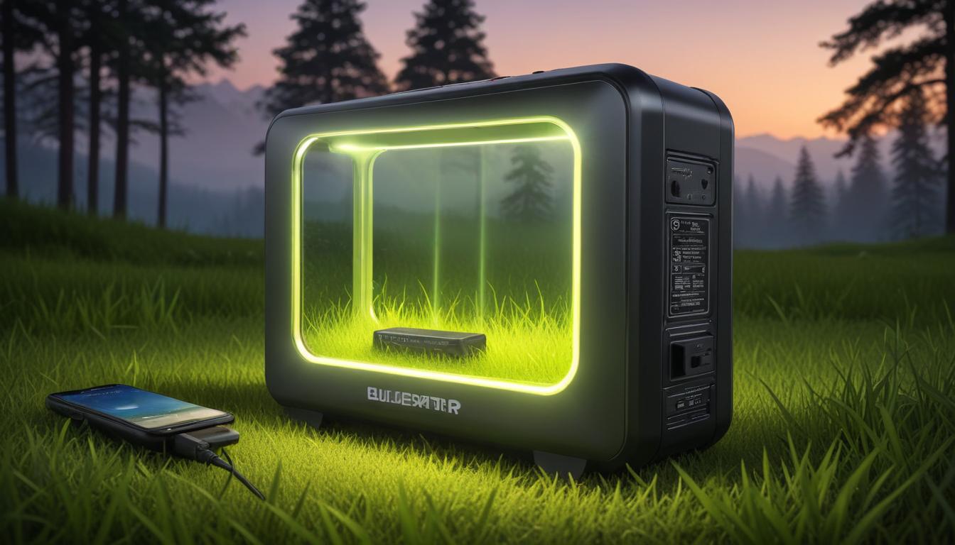 芝生の上に置かれたEcoFlow RIVER 3。コンパクトなボディにディスプレイが点灯している様子