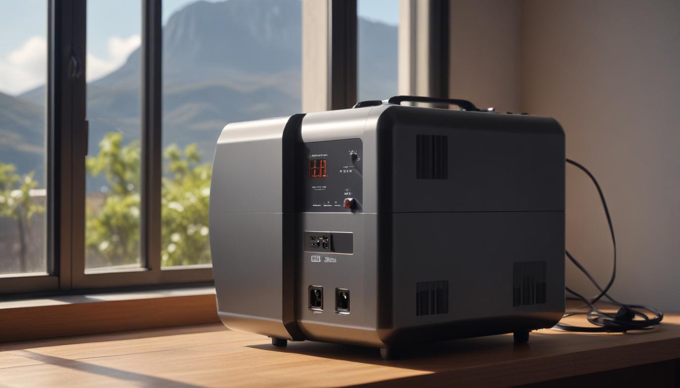 リビングの窓際に設置されたJackery Explorer 2000 Plusと拡張バッテリー。窓の外にはソーラーパネルが見える