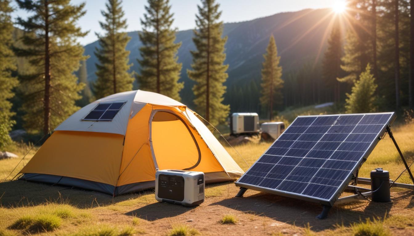 キャンプサイトでソーラーパネルを広げてポータブル電源に接続している様子。パネルは太陽に向かって角度をつけて設置されている