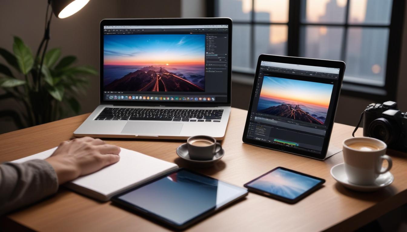 デスクの上にiPadとMacBookが並んで置かれている写真