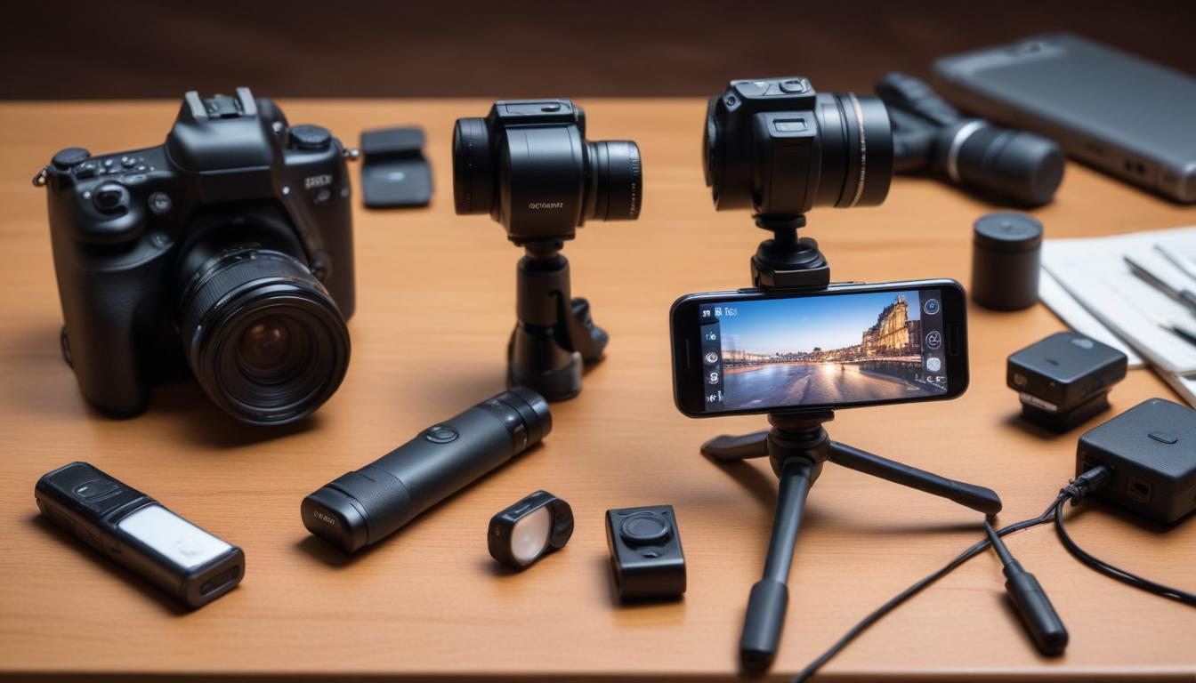 デスクの上に並べられたスマホ三脚、ジンバル、クリップ式レンズ、LEDライト、Bluetoothシャッターの写真