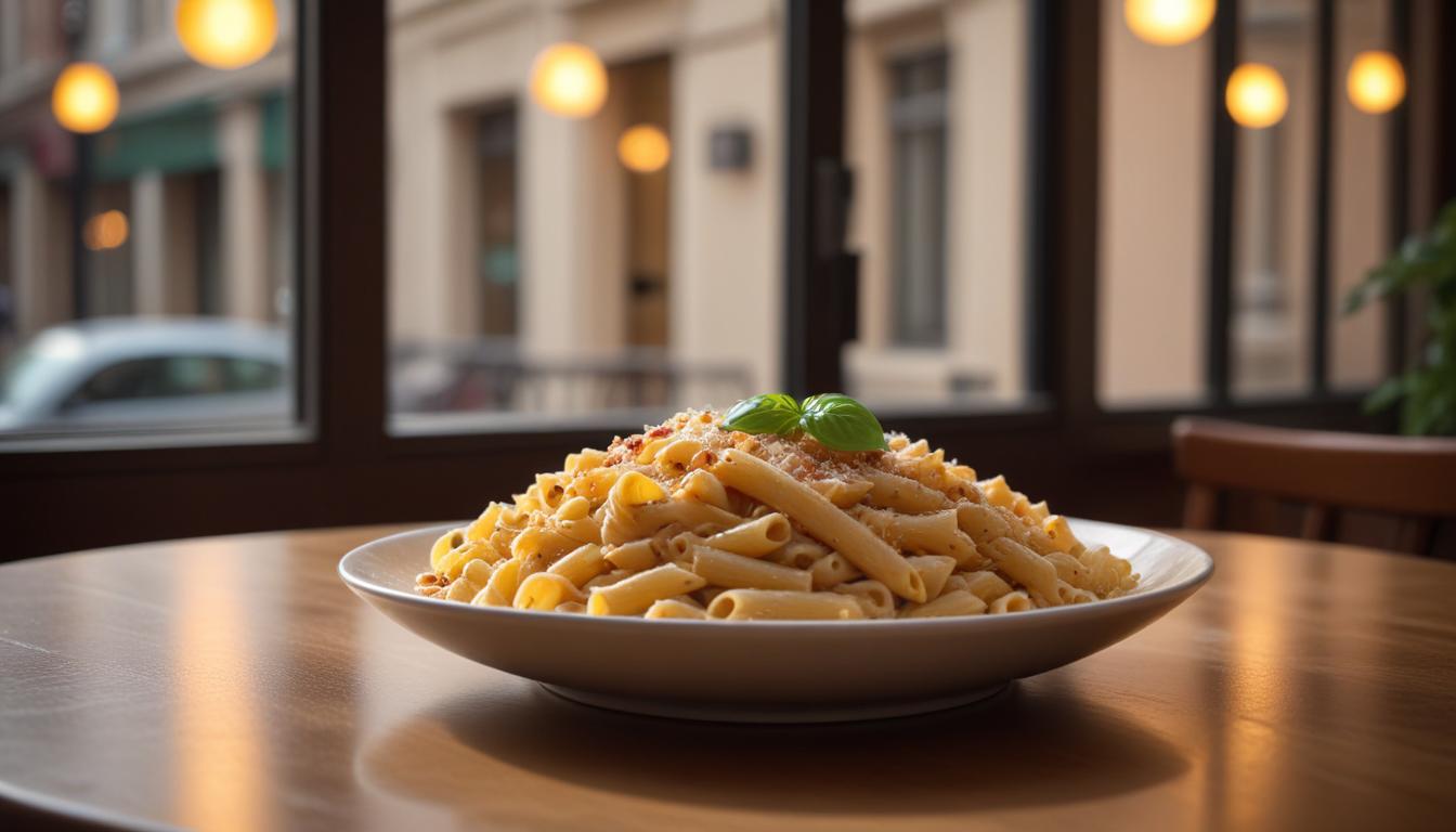 窓際のカフェで斜め45度の角度からサイド光を活かして撮影されたパスタ料理の写真
