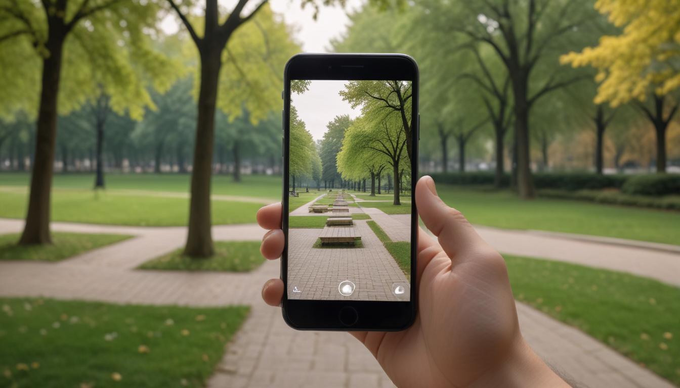 iPhoneの画面にグリッド線が表示された状態で公園の風景を撮影しているスクリーンショット