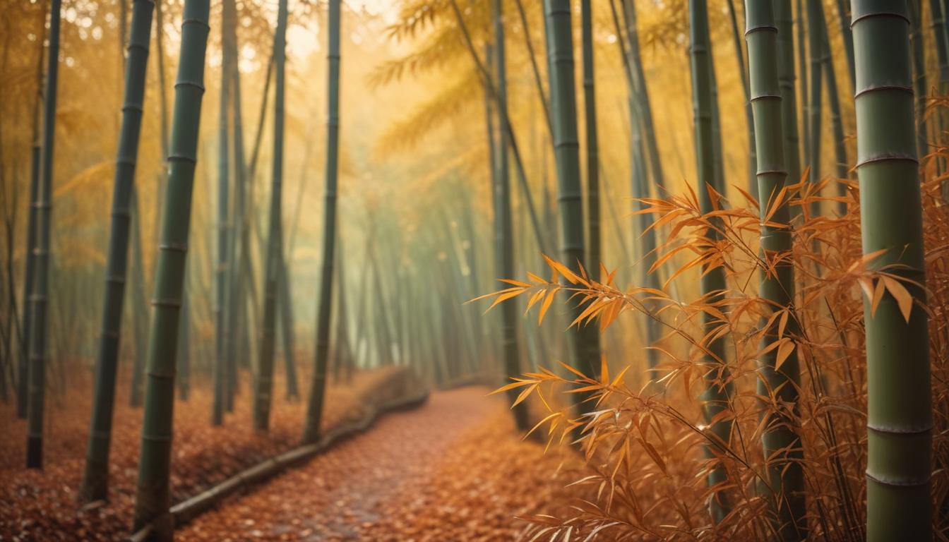 前景に紅葉した落ち葉を入れ、奥に京都の竹林が広がる風景写真