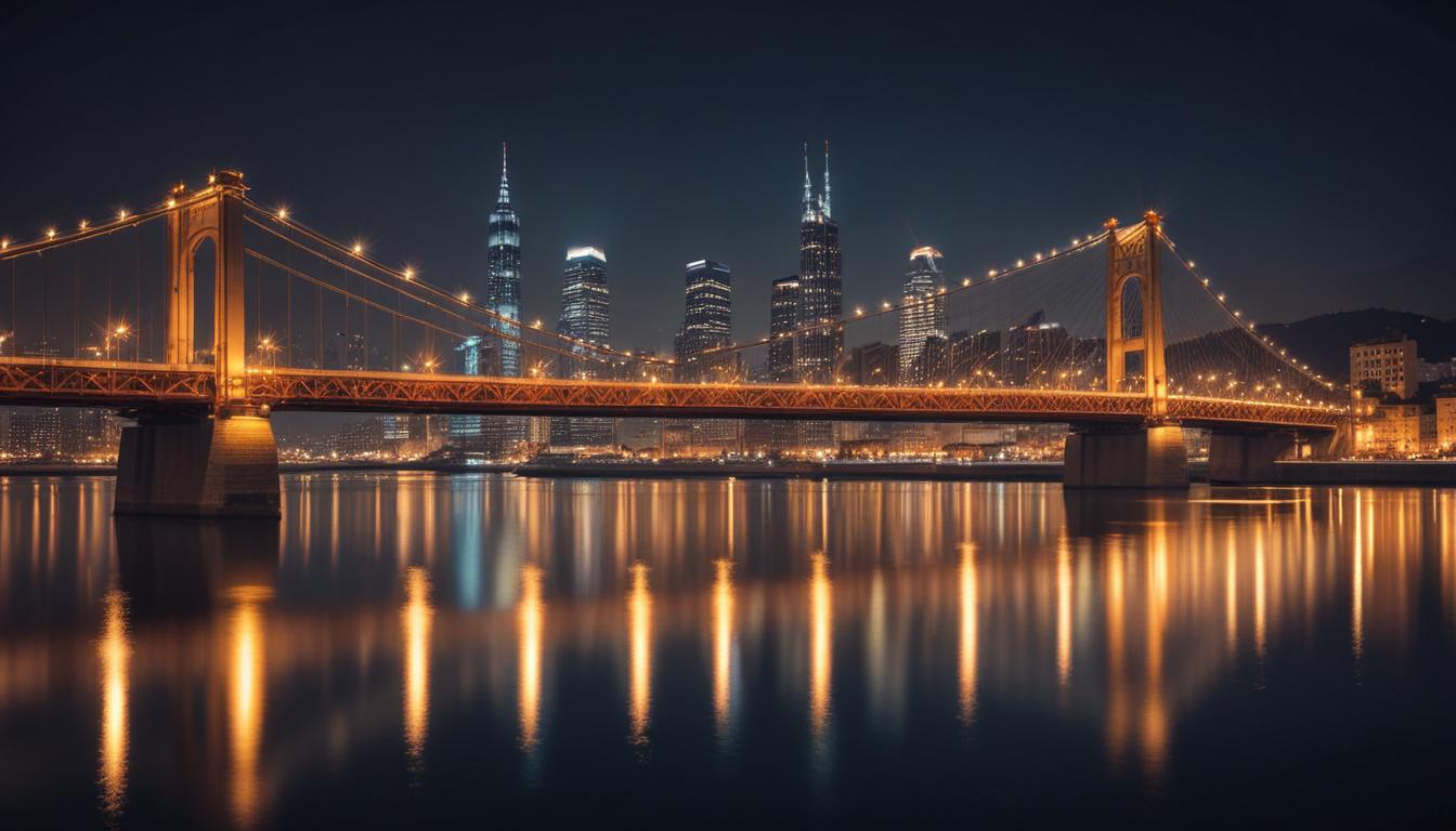 三脚に固定したiPhoneで撮影したお台場の夜景写真。レインボーブリッジの光が水面に反射している