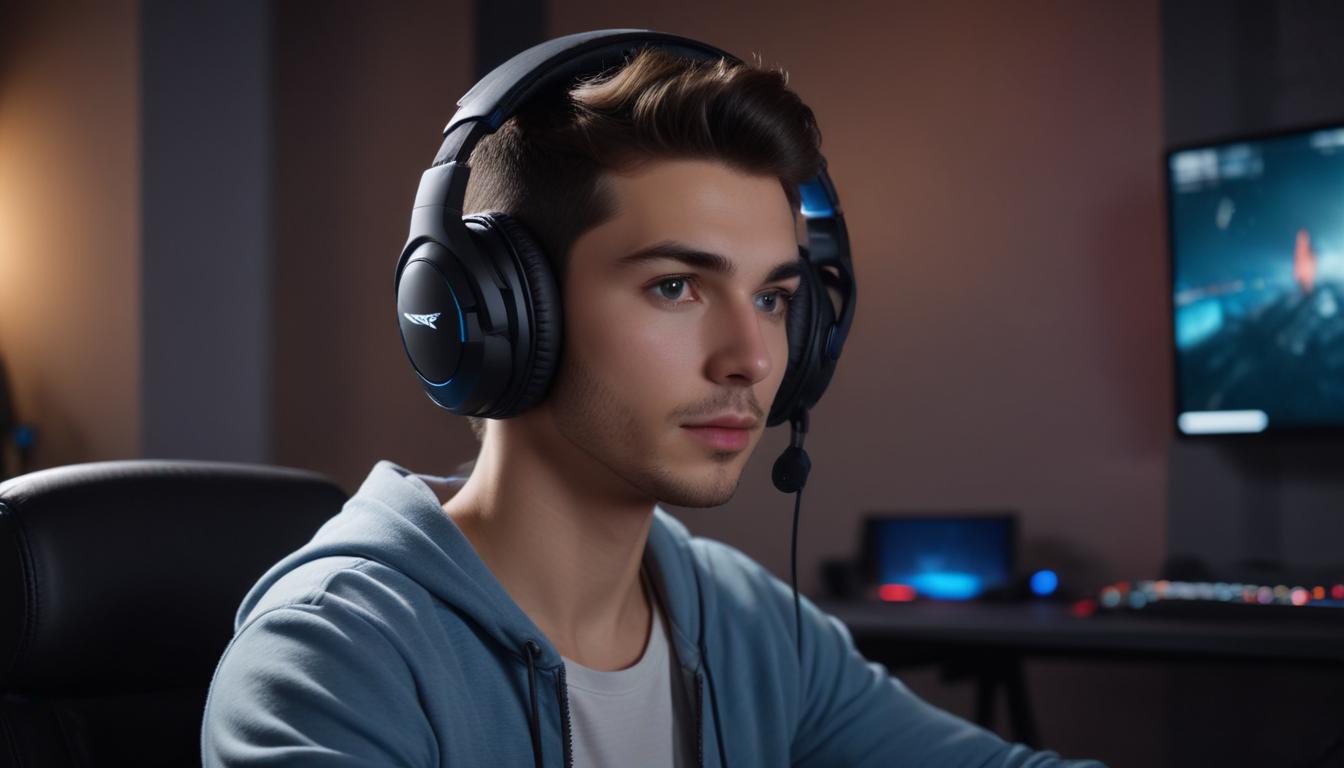 ゲーミングヘッドセットを装着している様子の写真。イヤーパッドのフィット感が分かる