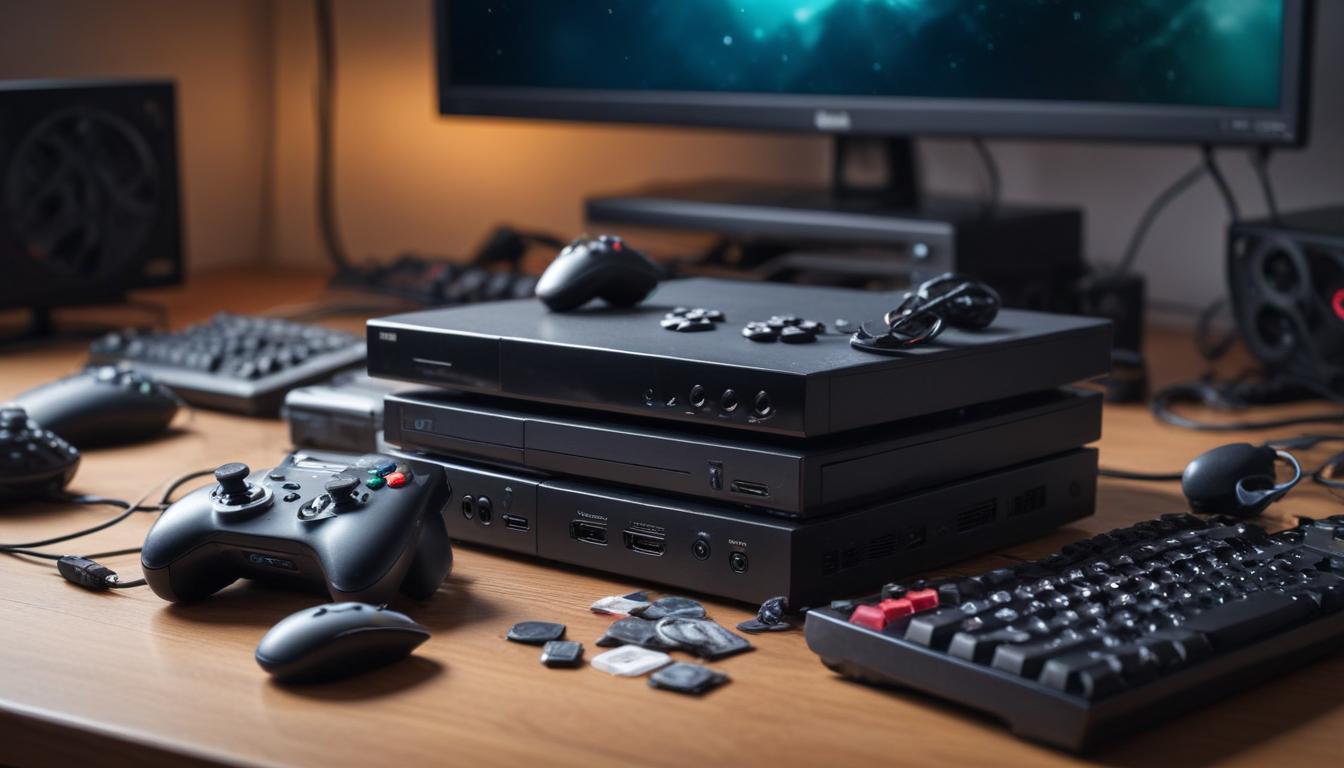 デスクの上に使わなくなったゲーミングデバイスが積まれている写真