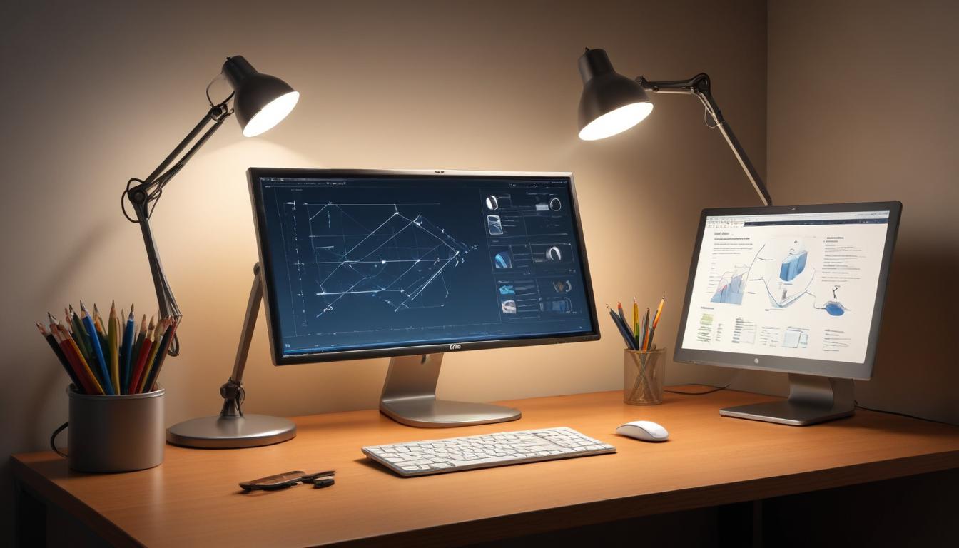 デスクライトとモニターライトの最適な配置を示した図解。光の照射角度と範囲が矢印で示されている