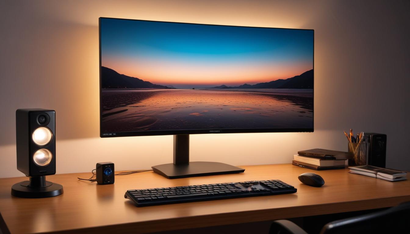 BenQ ScreenBar Haloがモニター上部に設置されている写真。ワイヤレスリモコンも一緒に写っている