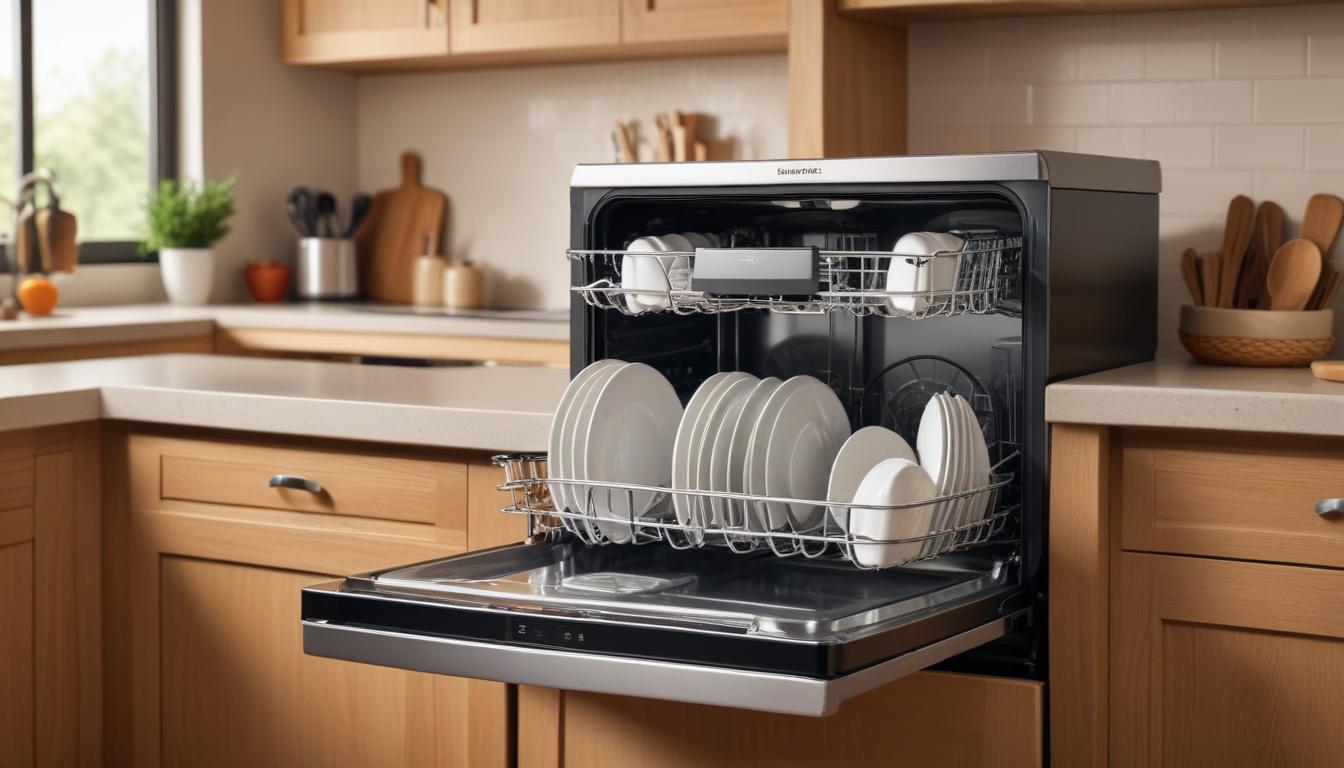 キッチンカウンターに設置されたタンク式食洗機。中に食器がセットされている様子