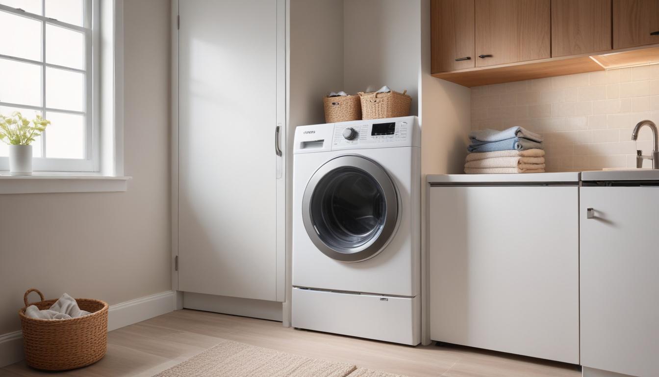 洗面所に設置されたドラム式洗濯乾燥機。扉が開いていて、ふんわり乾燥された衣類が見えている