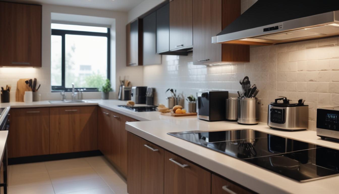 時短家電が並ぶキッチンカウンターの全体写真。食洗機、ホットクック、衣類スチーマーなどが整然と配置されている