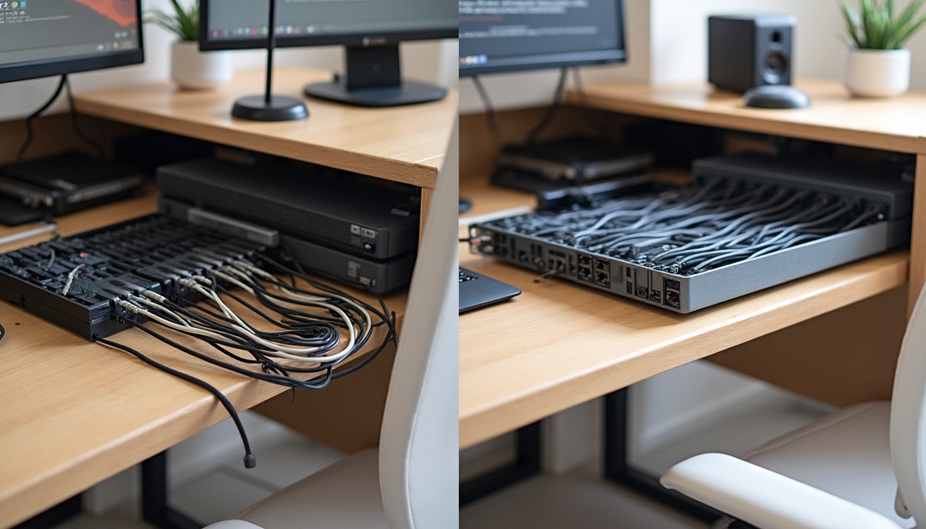 整理後のデスク裏。ケーブルトレーとスリーブですっきり整頓された写真