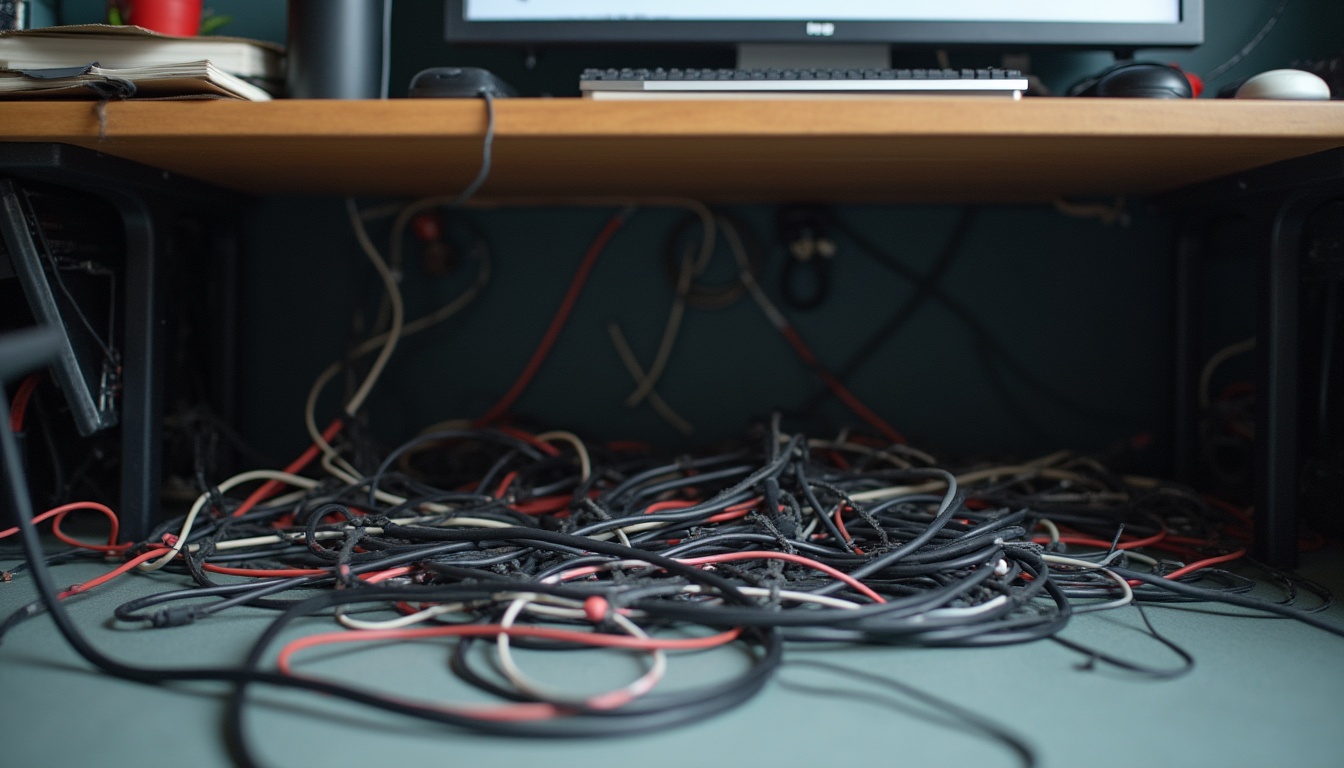整理前のデスク裏。ケーブルが絡まり合ってカオス状態の写真