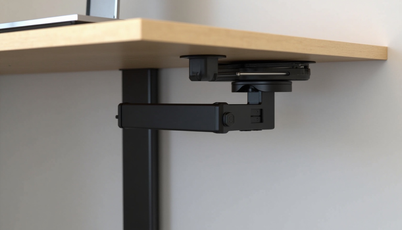 デスク天板裏に取り付けたクランプ式ケーブルトレーのアップ写真