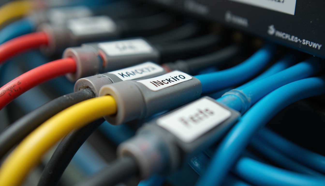 ケーブルにテプラでラベルを貼った様子の接写