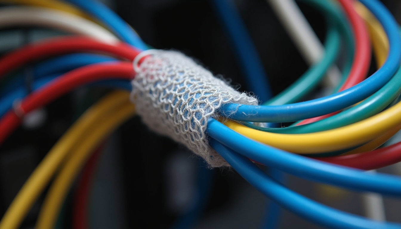 メッシュスリーブで複数のケーブルを1本にまとめた様子