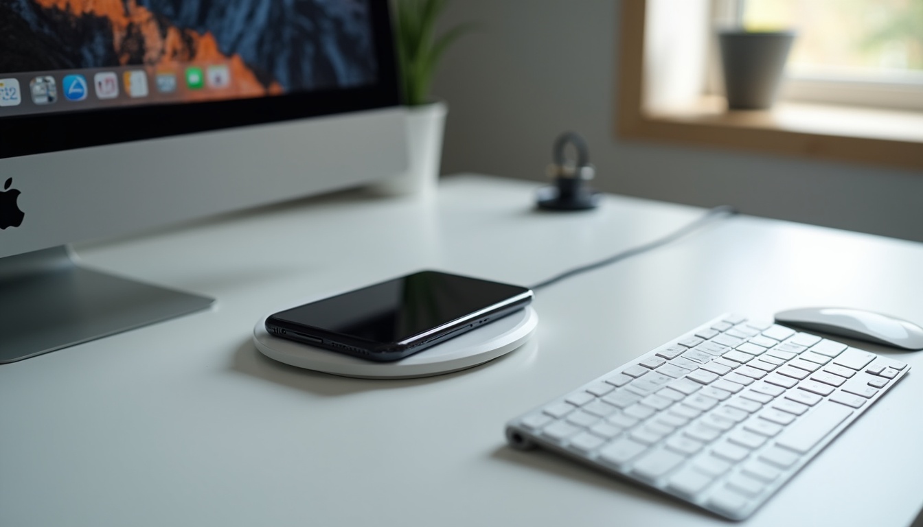 ワイヤレス充電パッドとBluetooth機器だけのスッキリしたデスクトップ