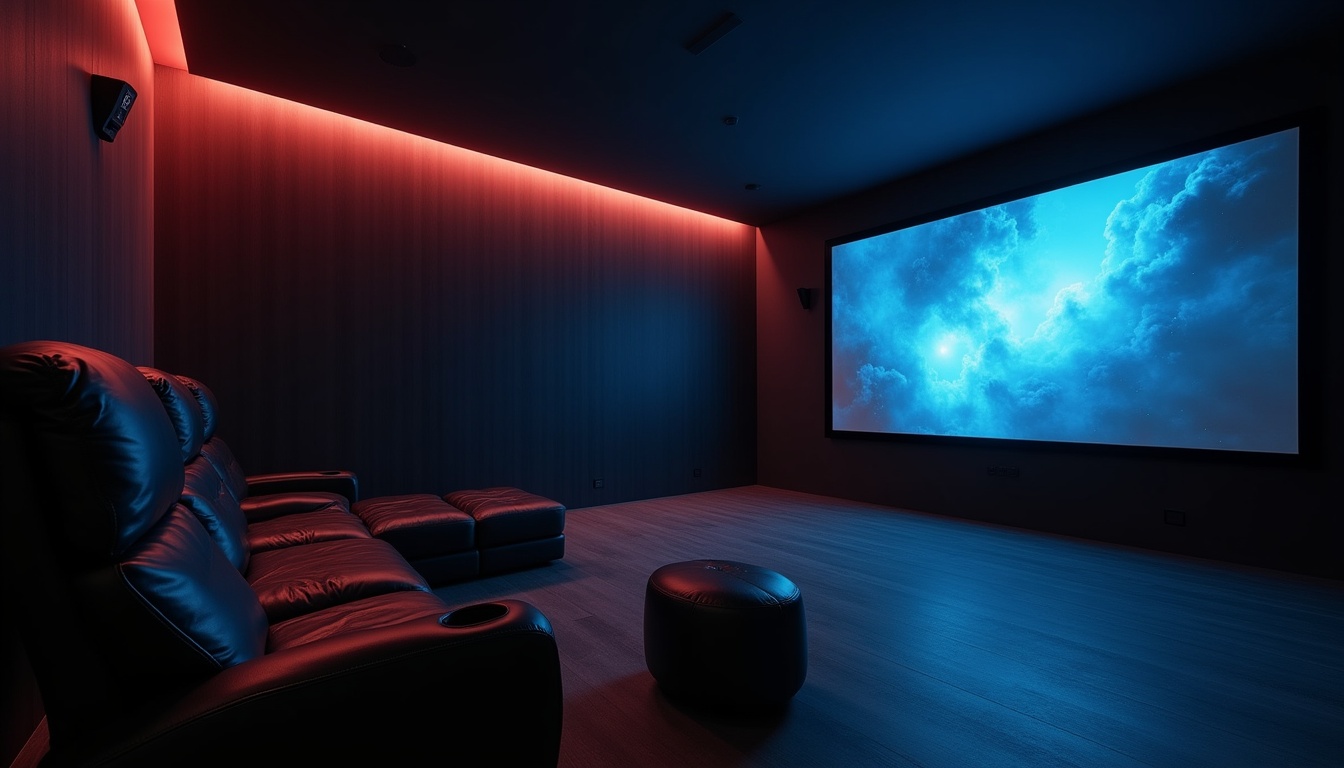 暗い部屋でプロジェクターが100インチの大画面に映画を投影している様子