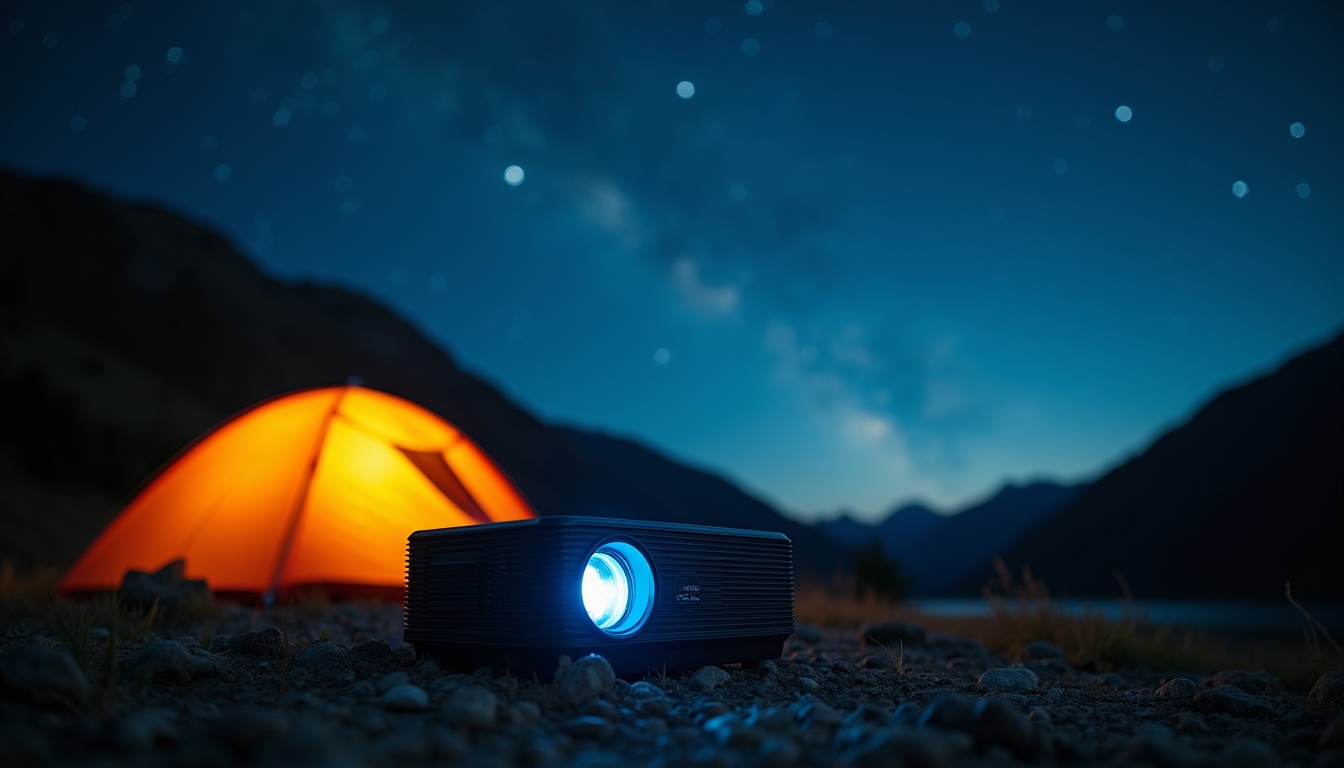 キャンプ場でモバイルプロジェクターを使って映画を投影している夜のシーン