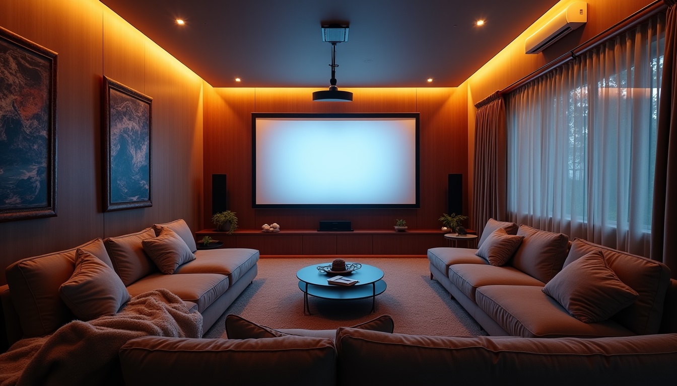 プロジェクター用スクリーンが設置されたリビングルームの全体像